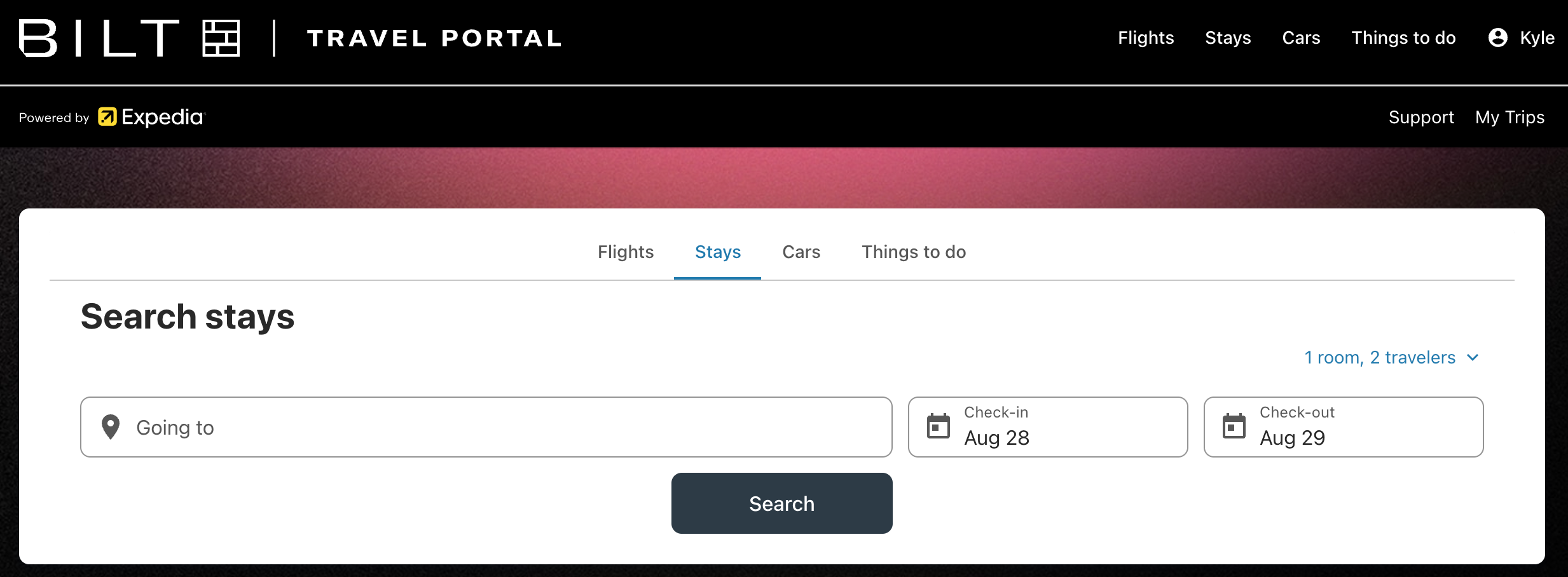 Bilt travel portal homepage
