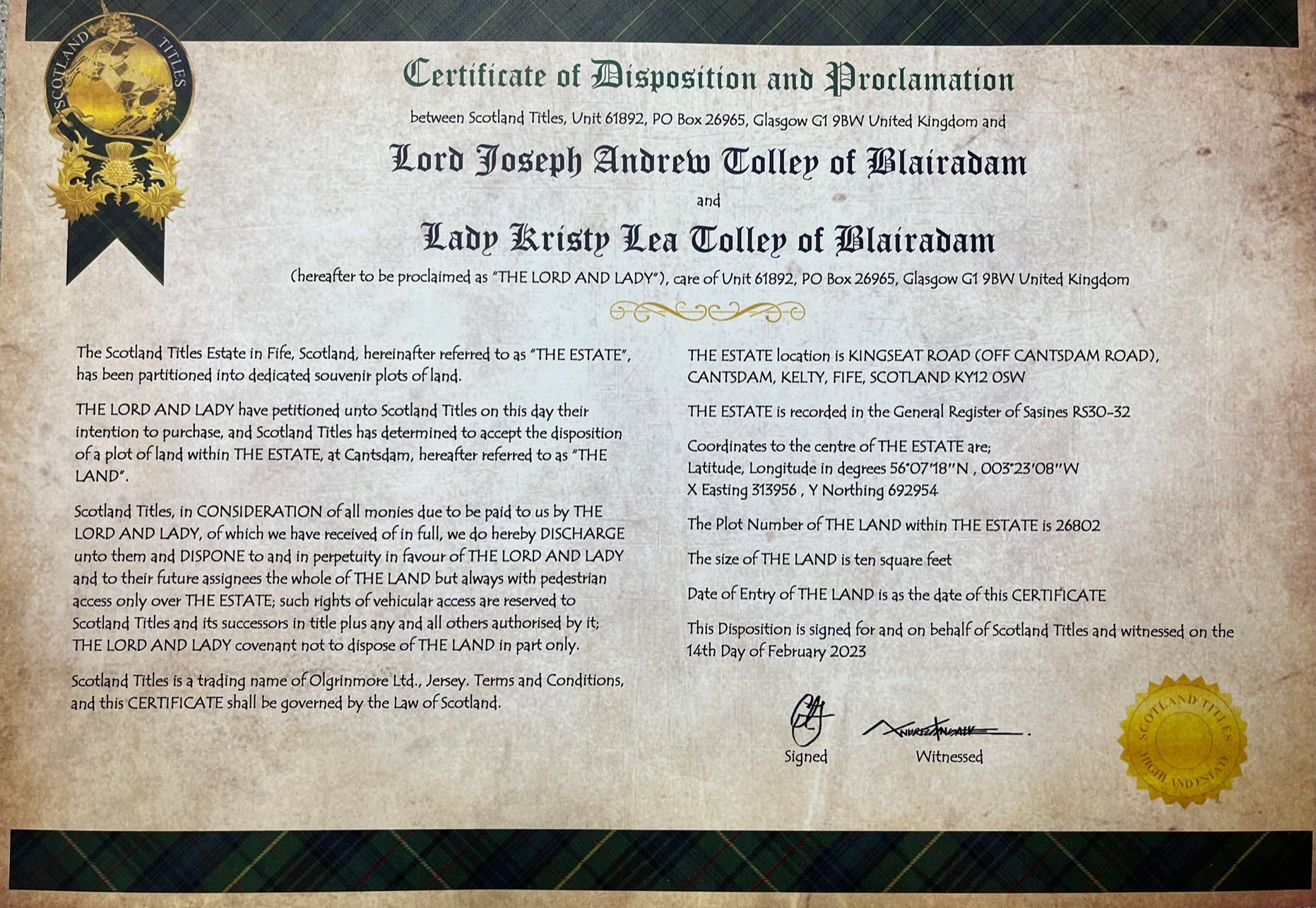 Certificate of land ownership