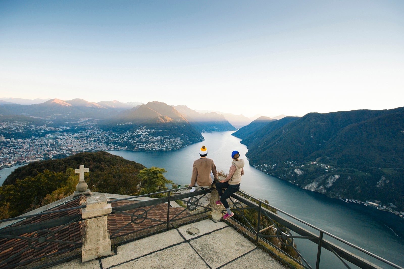 Young couple taking in view in Ticino, Switzerland