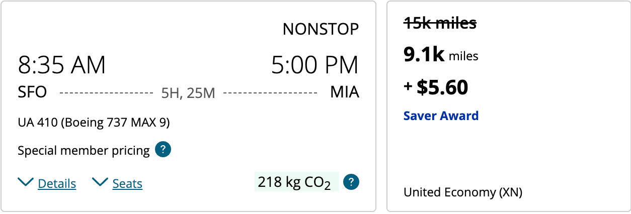 SFO to MIA on United miles