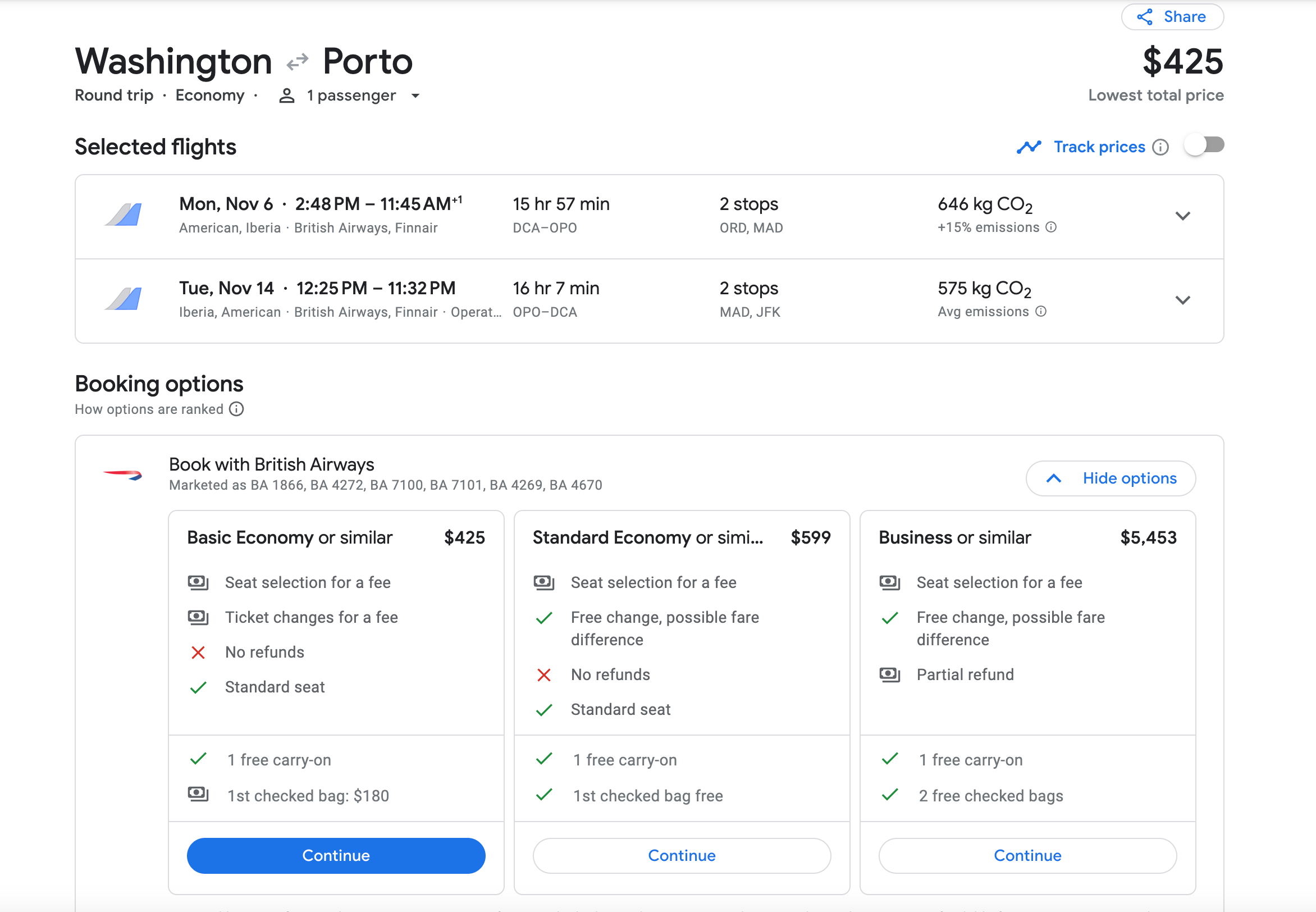 Flight options from Washington to Porto