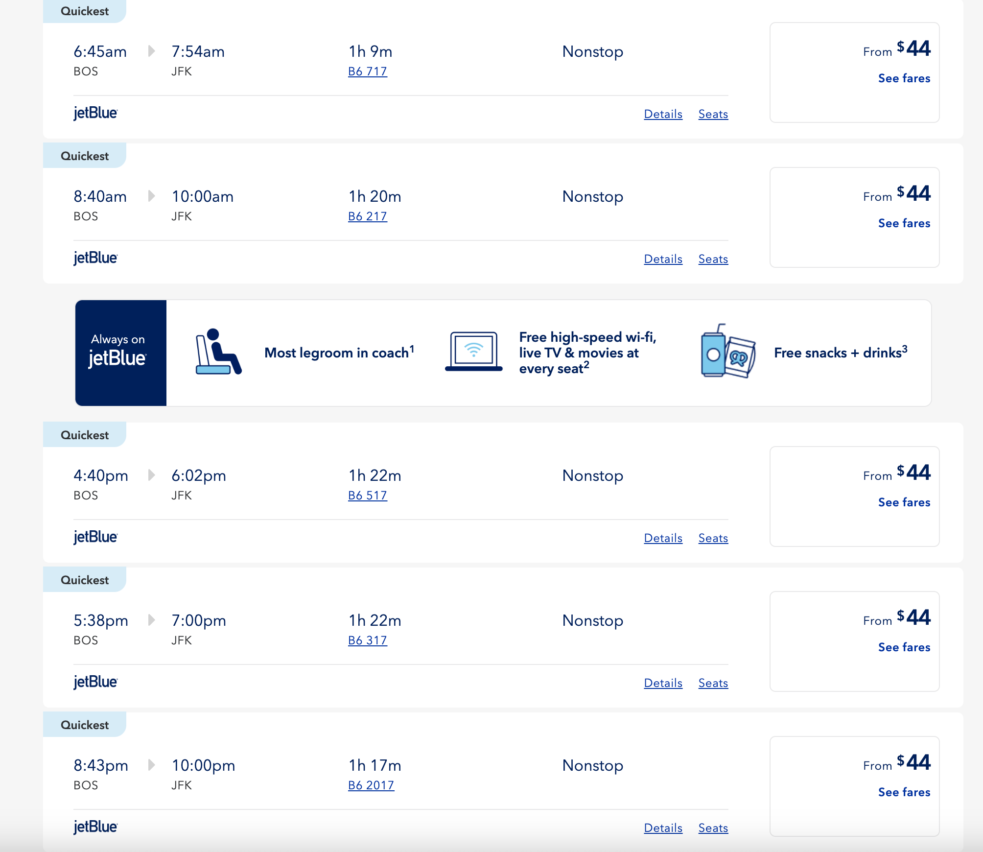 jetblue flight options