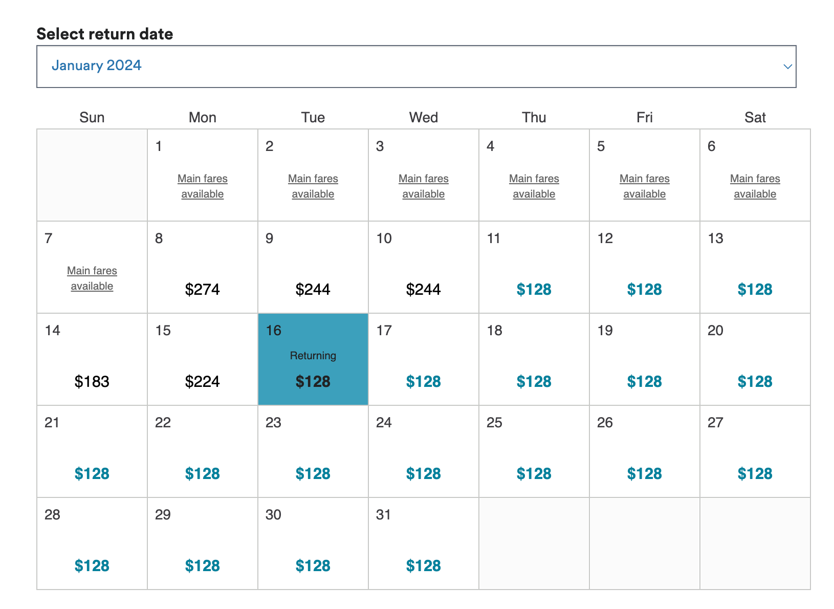 fare calendar