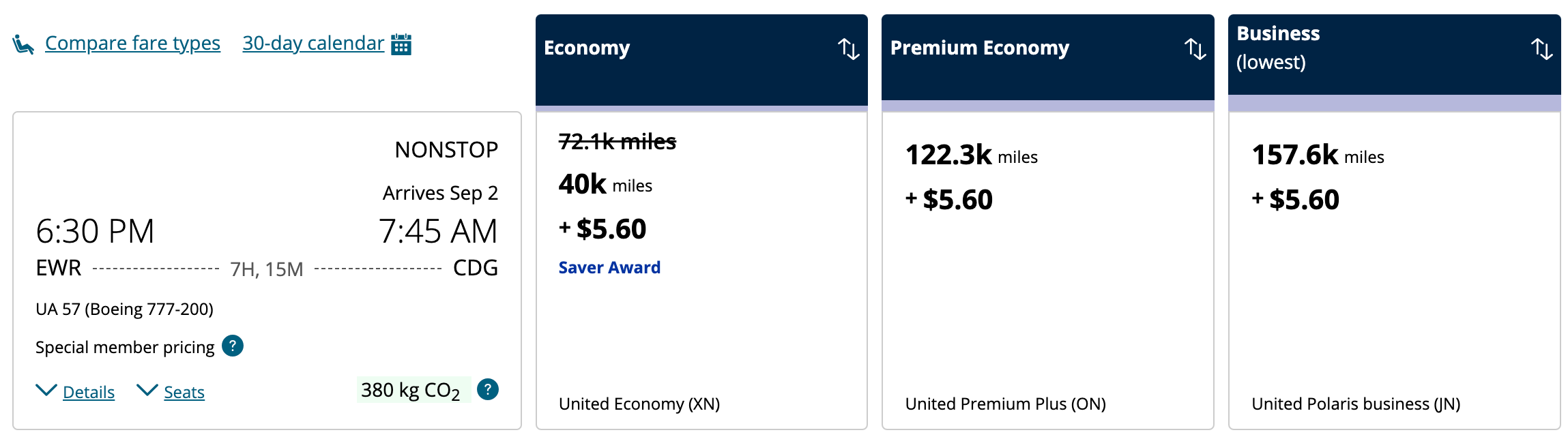 screenshot of United award availability for a EWR–CDG flight