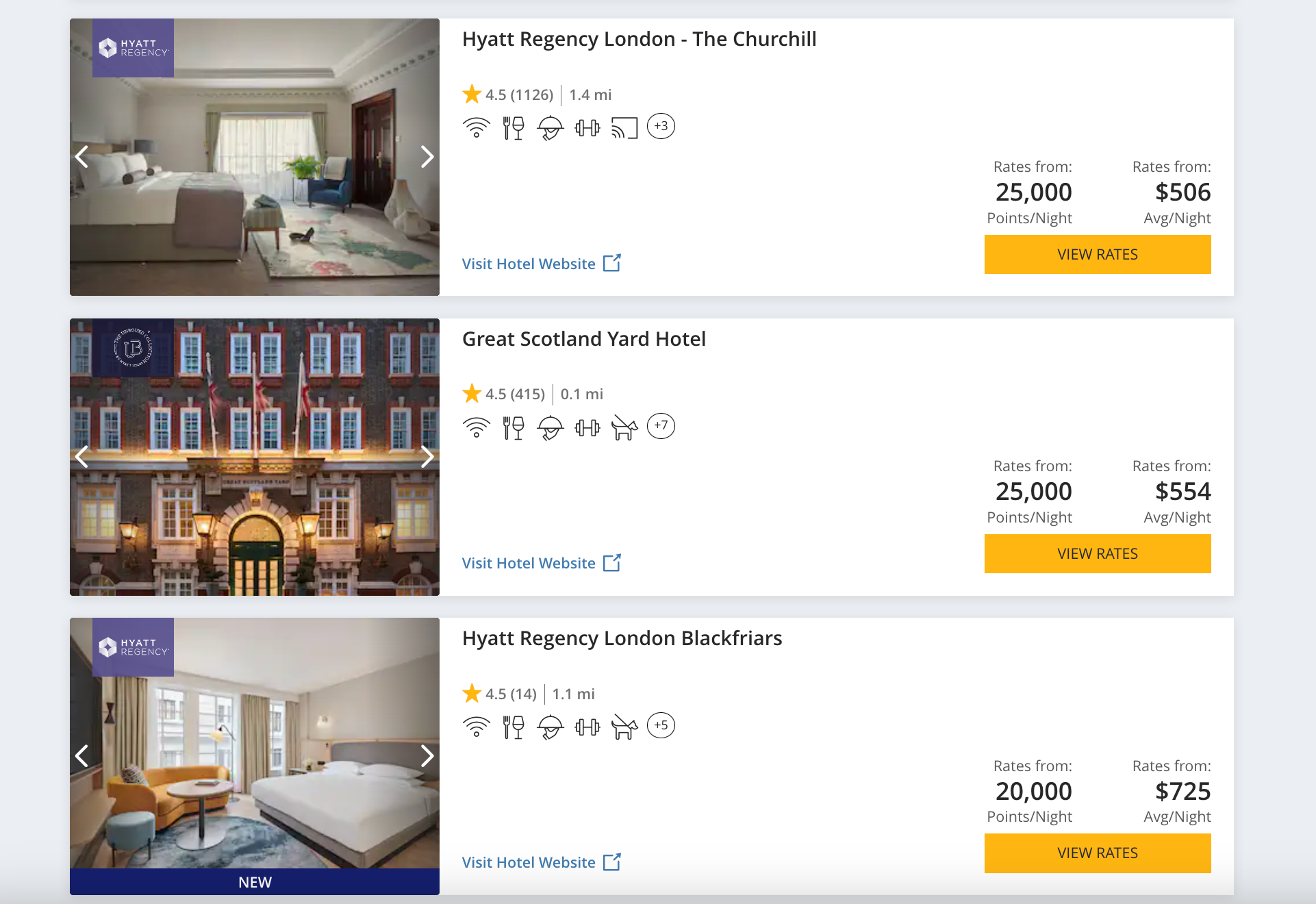 Screenshot of Hyatt hotel options in London