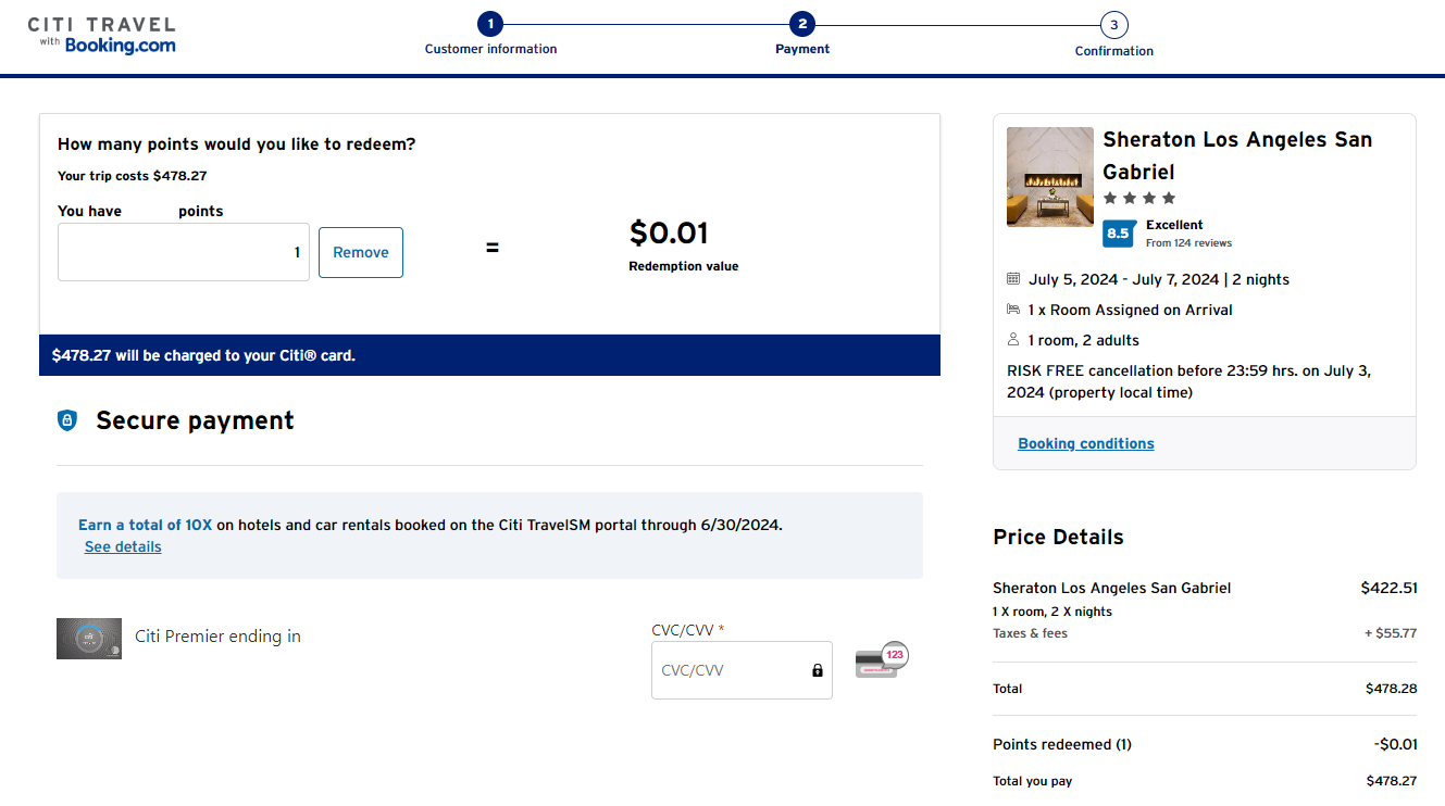Booking a hotel through the Citi Travel portal