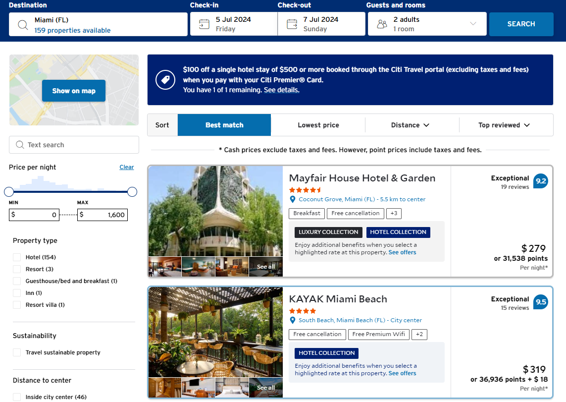 Booking a hotel through the Citi Travel portal