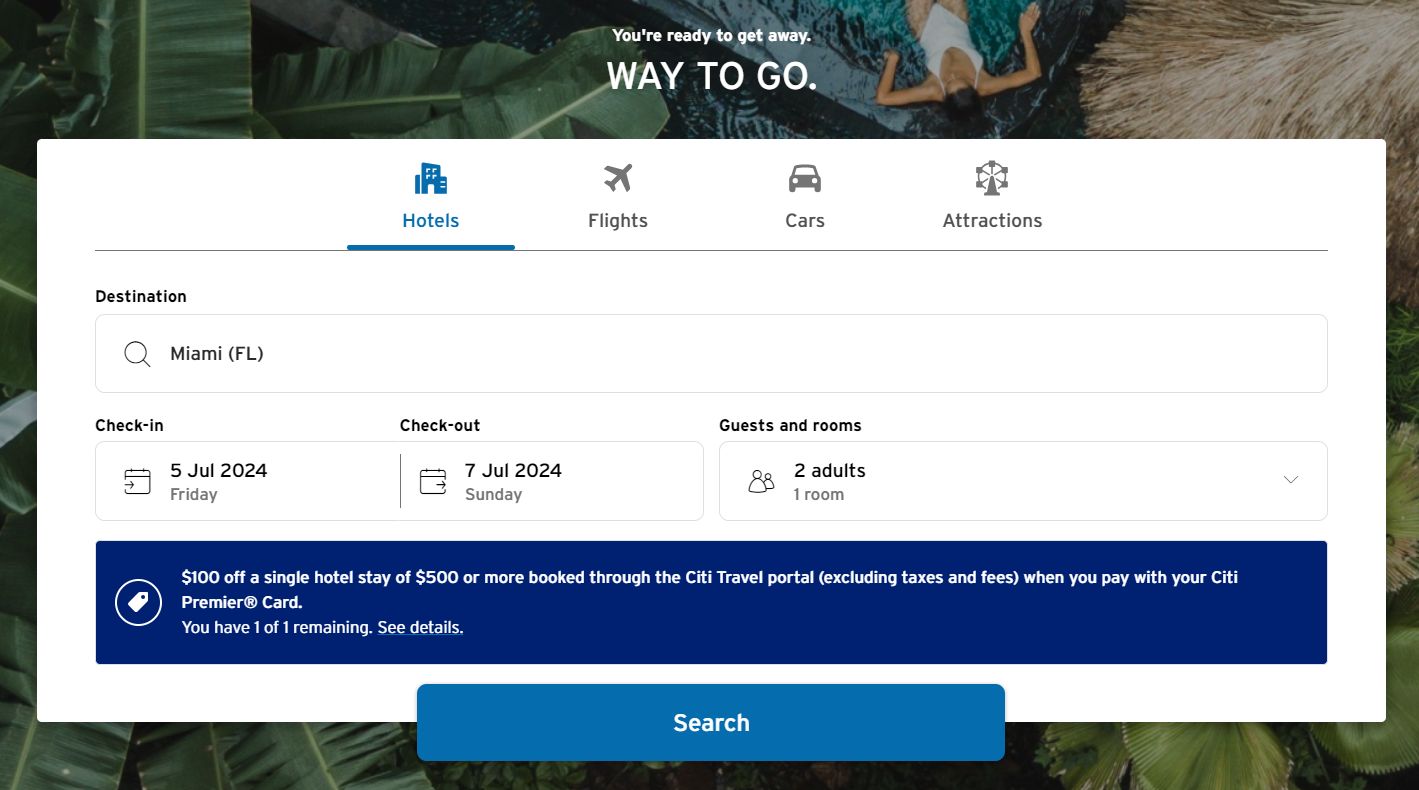 Booking a hotel through the Citi Travel portal