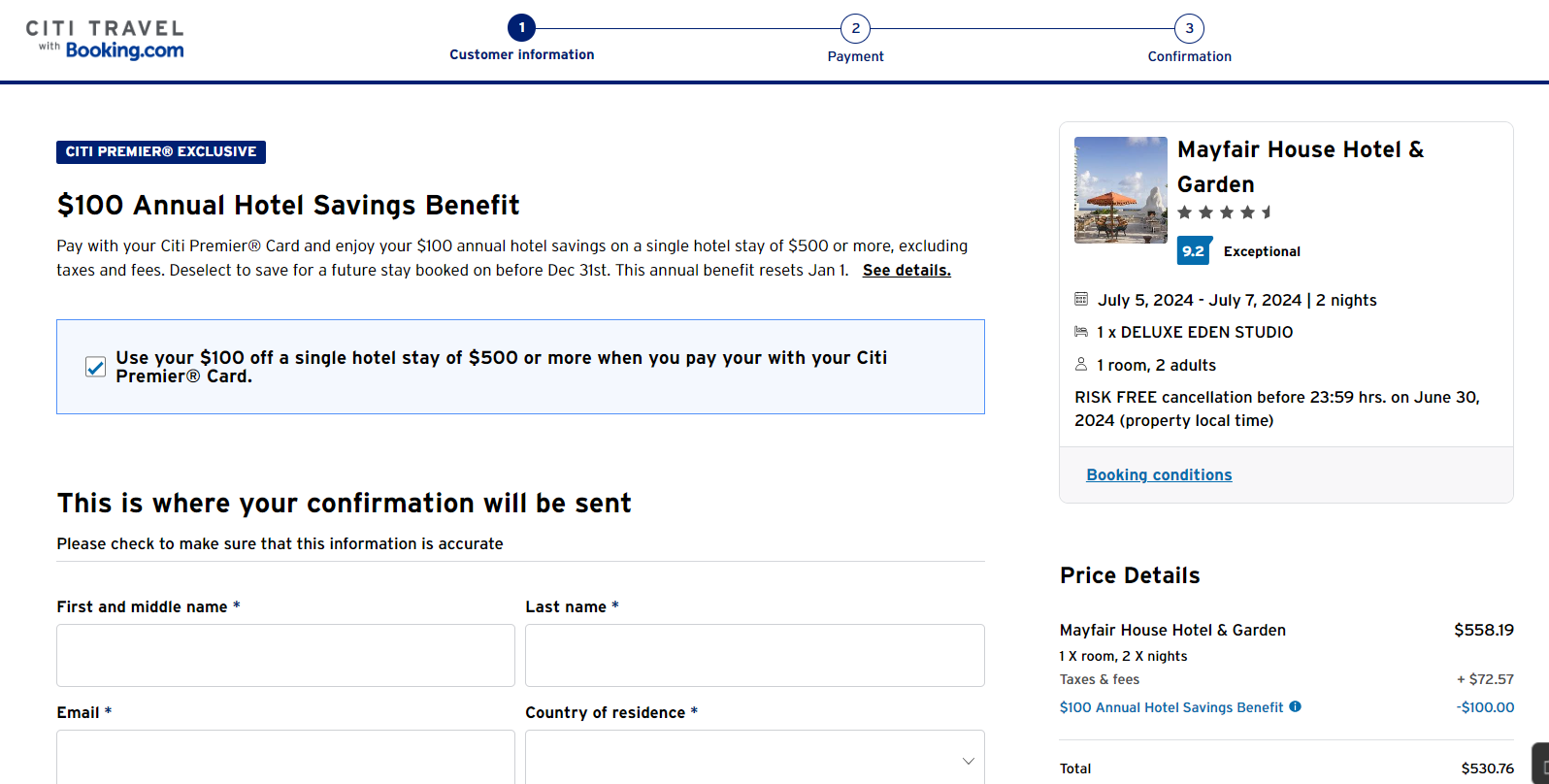 Booking a hotel through the Citi Travel portal