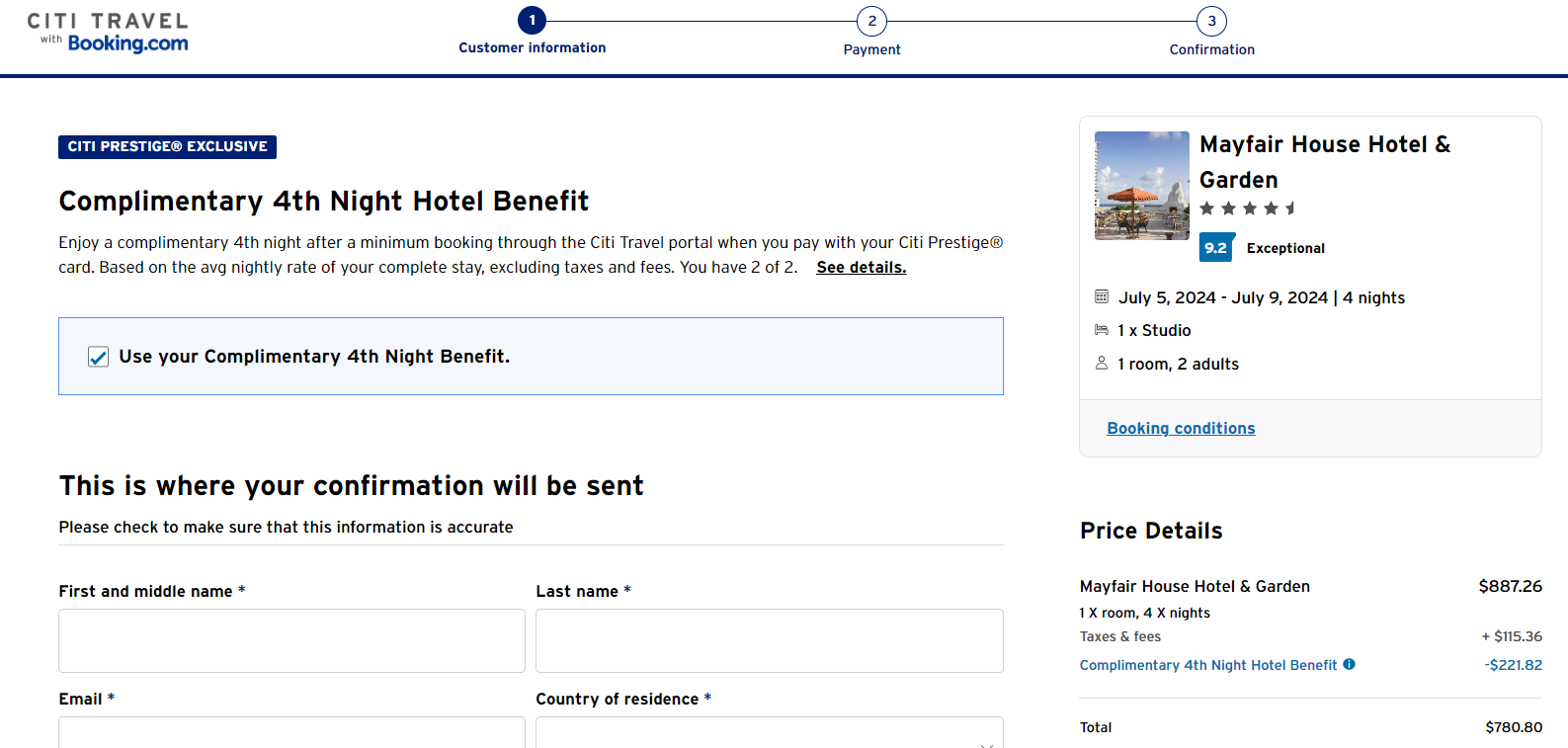 Booking a hotel through the Citi Travel portal
