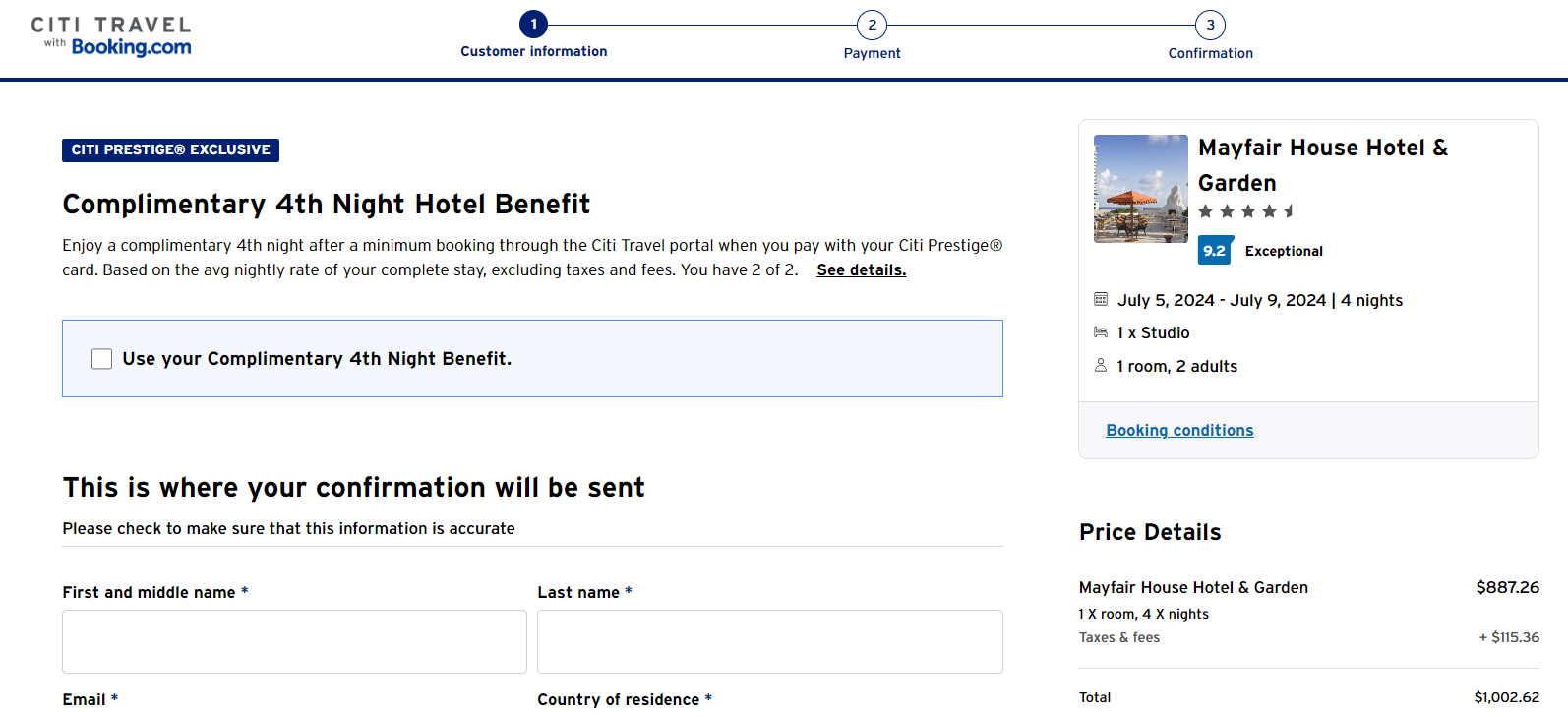 Booking a hotel through the Citi Travel portal