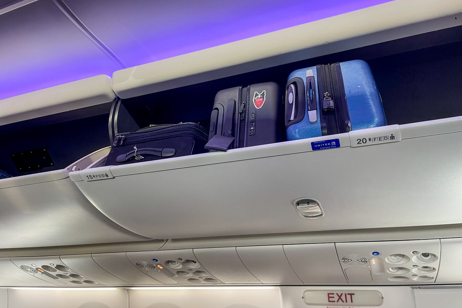 Large overhead bins on the Boeing 737 MAX