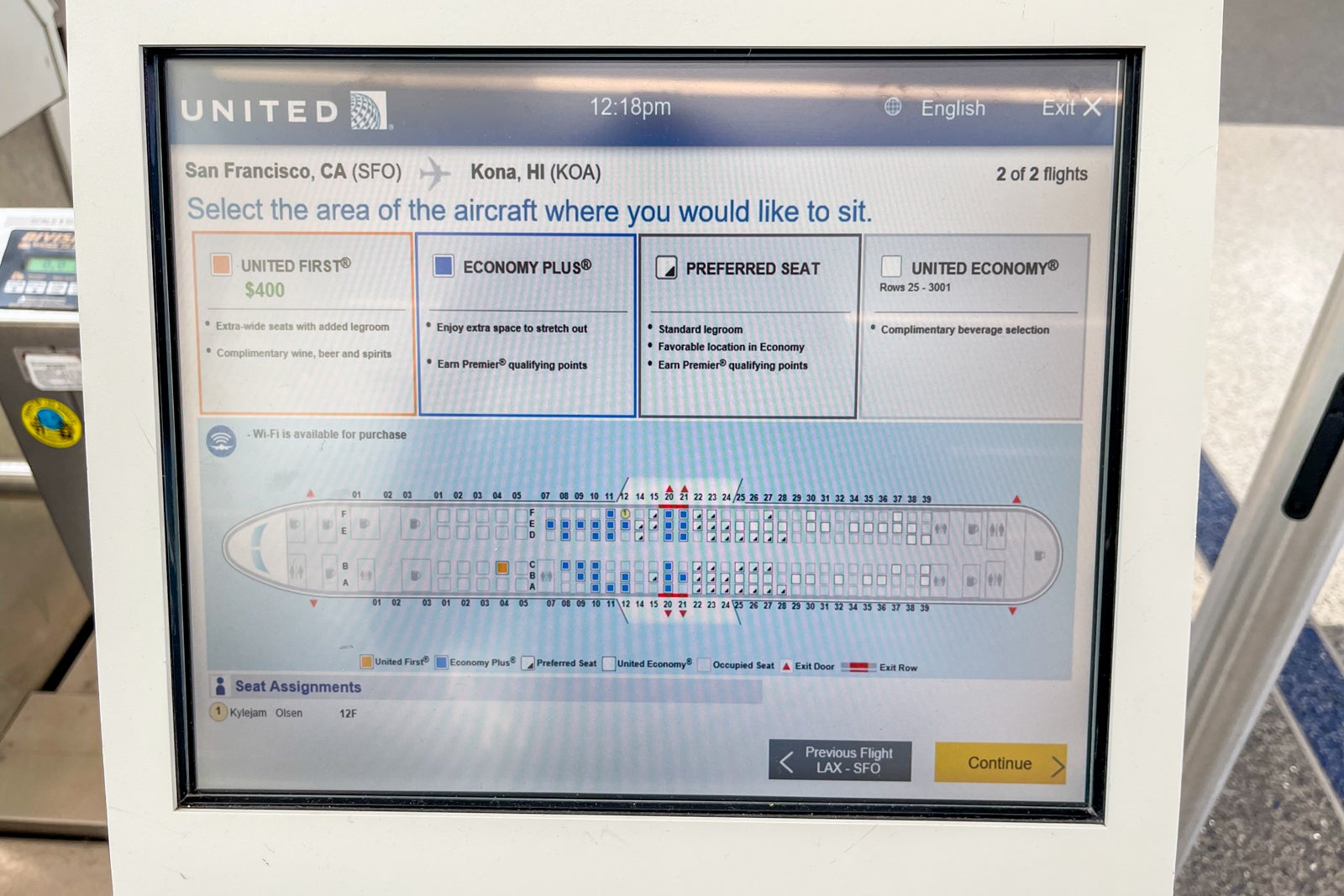 Selecting seats on United Airlines