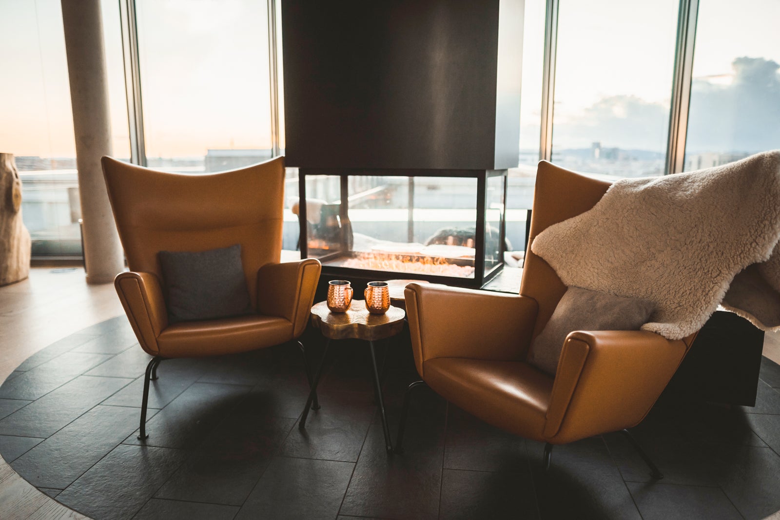 Fireplace at the Aurora Rooftop Bar. Andaz Vienna