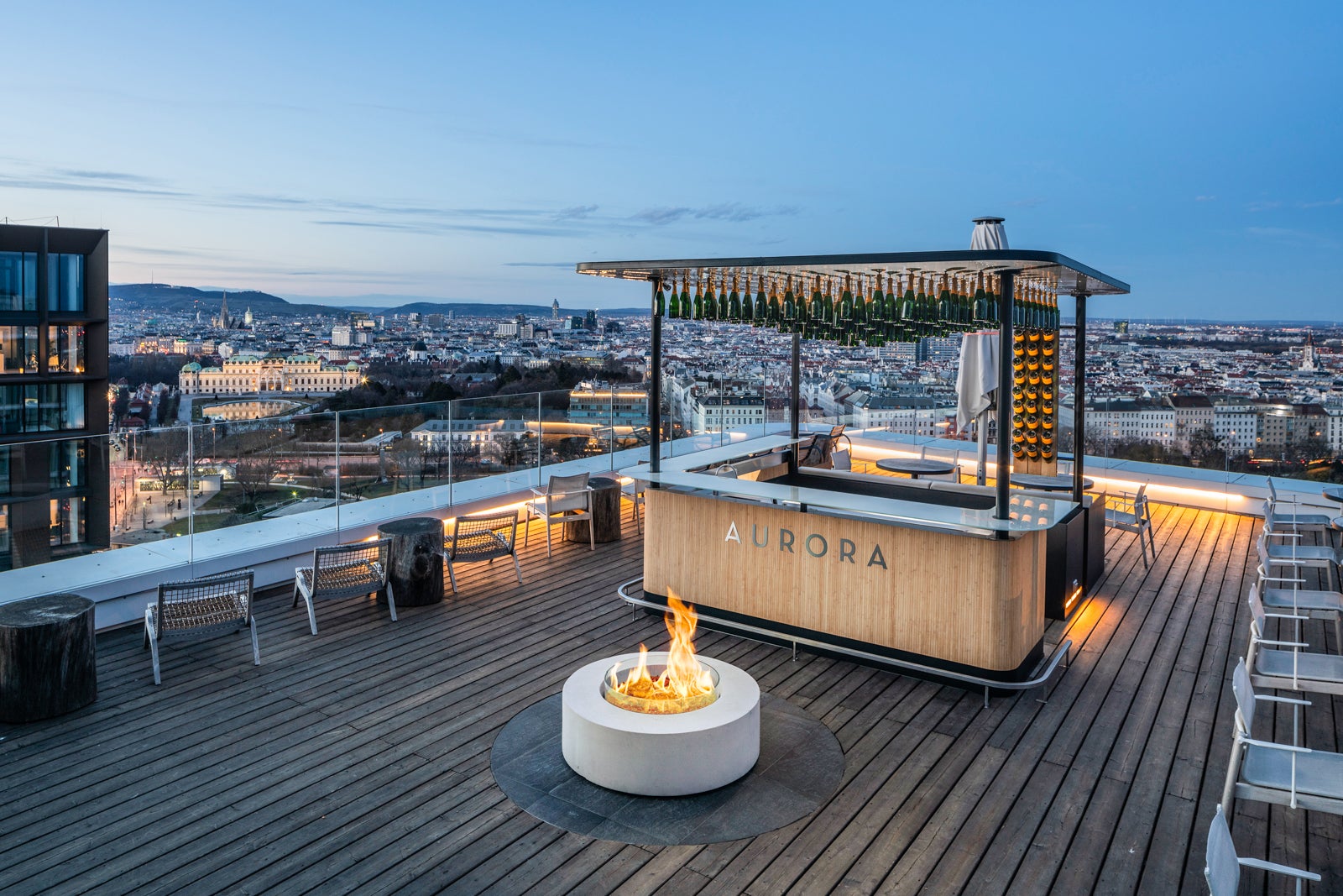 firepit on Aurora Rooftop Bar terrace. Andaz Vienna