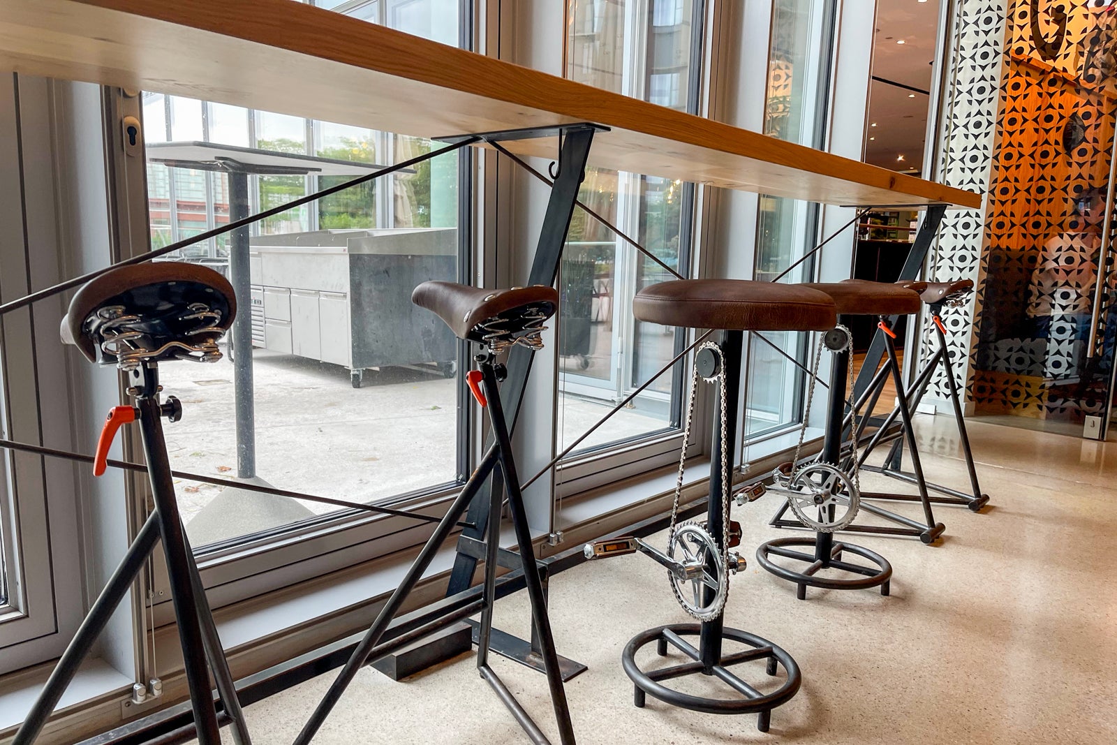 Stools made of bike parts at Cyclist coffee shop. Andaz Vienna