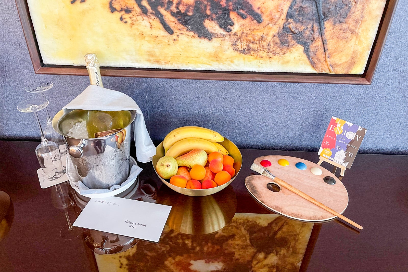 Andaz Vienna welcome amenity for Globalists on a Hyatt Prive rate: fruit, sparkling wine and chocolate