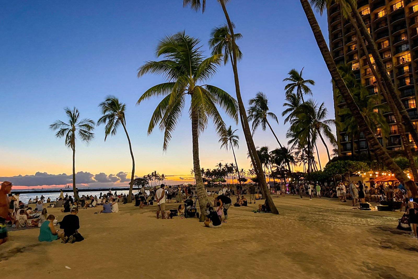 Oahu beach near Hilton Hawaiian Village at sunset