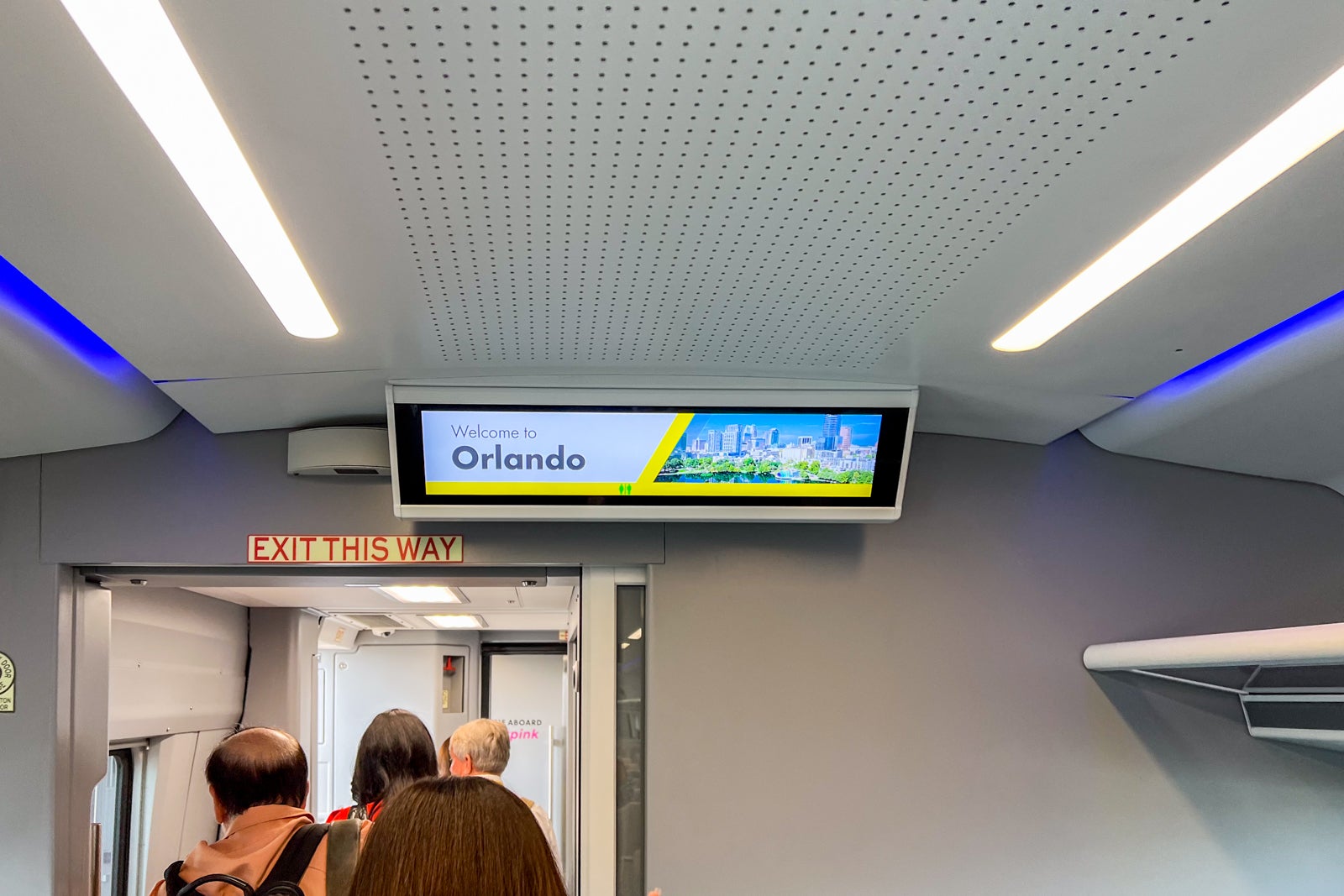 The onboard sign announcing Brightline's arrival into Orlando