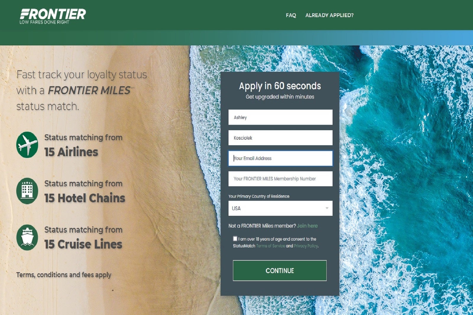 The first page of the Frontier Miles status match application