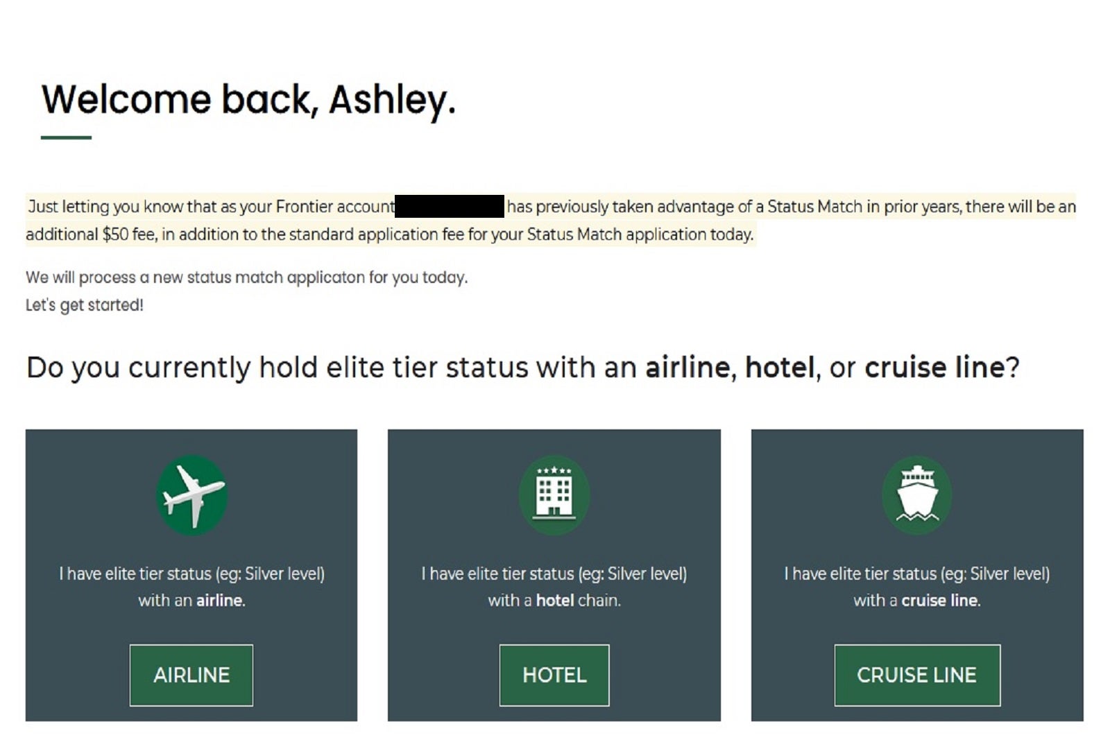 The second page of the Frontier Miles status match application