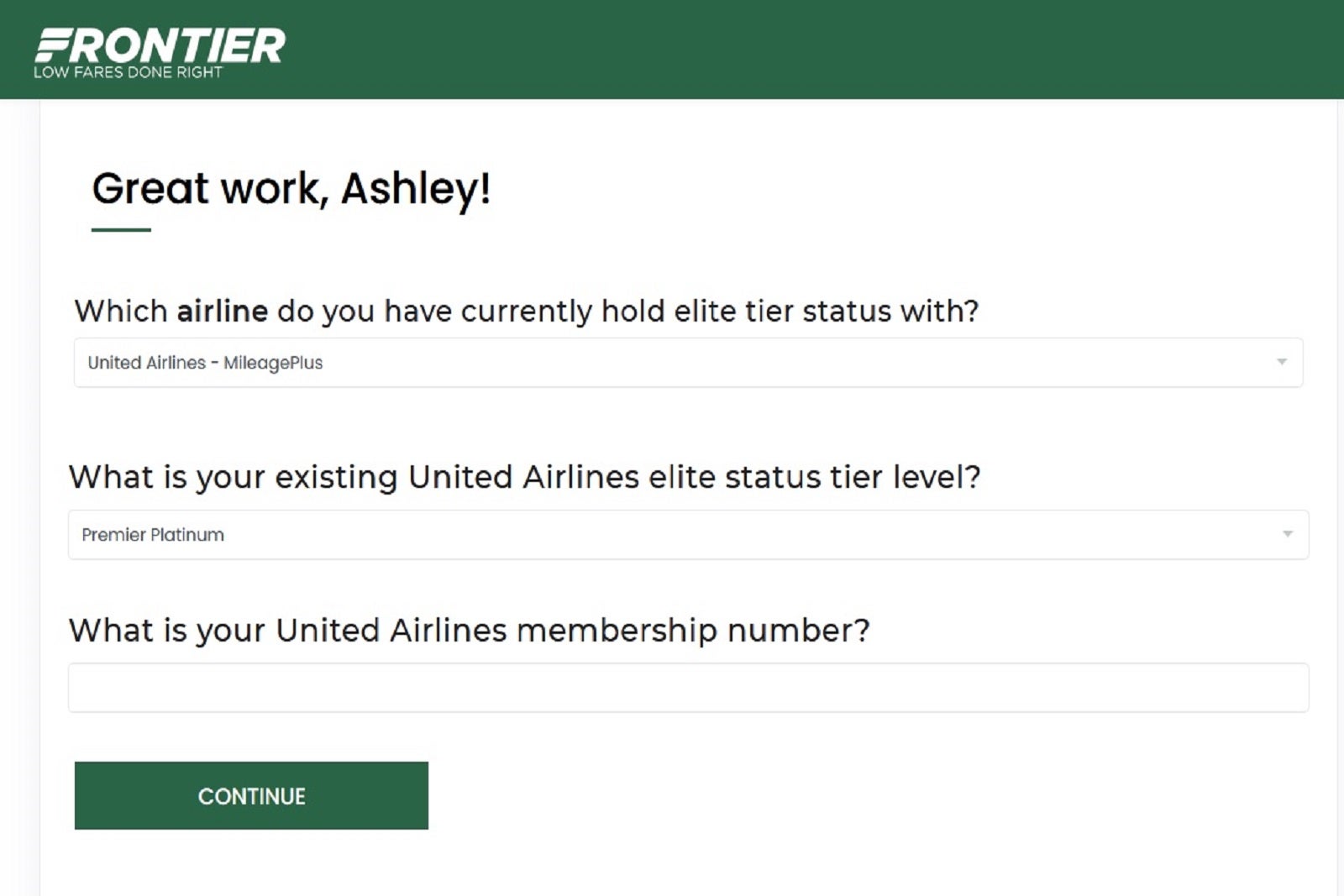 The third page of the Frontier Miles status match application