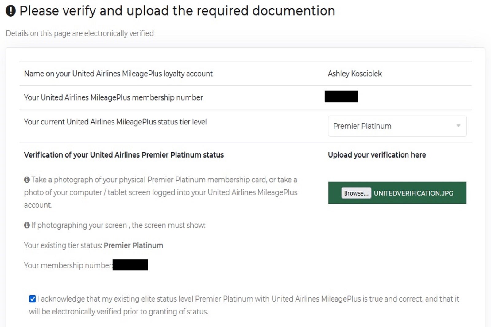 The fourth page of the Frontier Miles status match application