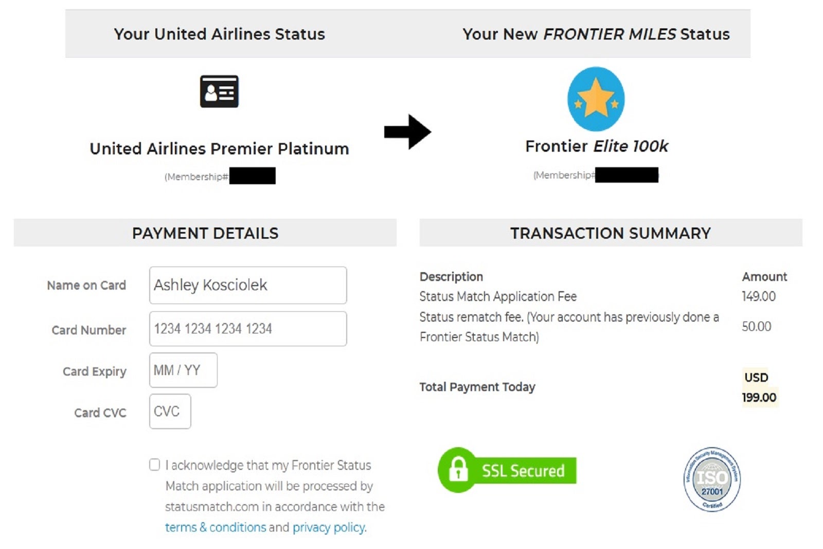 The fifth page of the Frontier Miles status match application