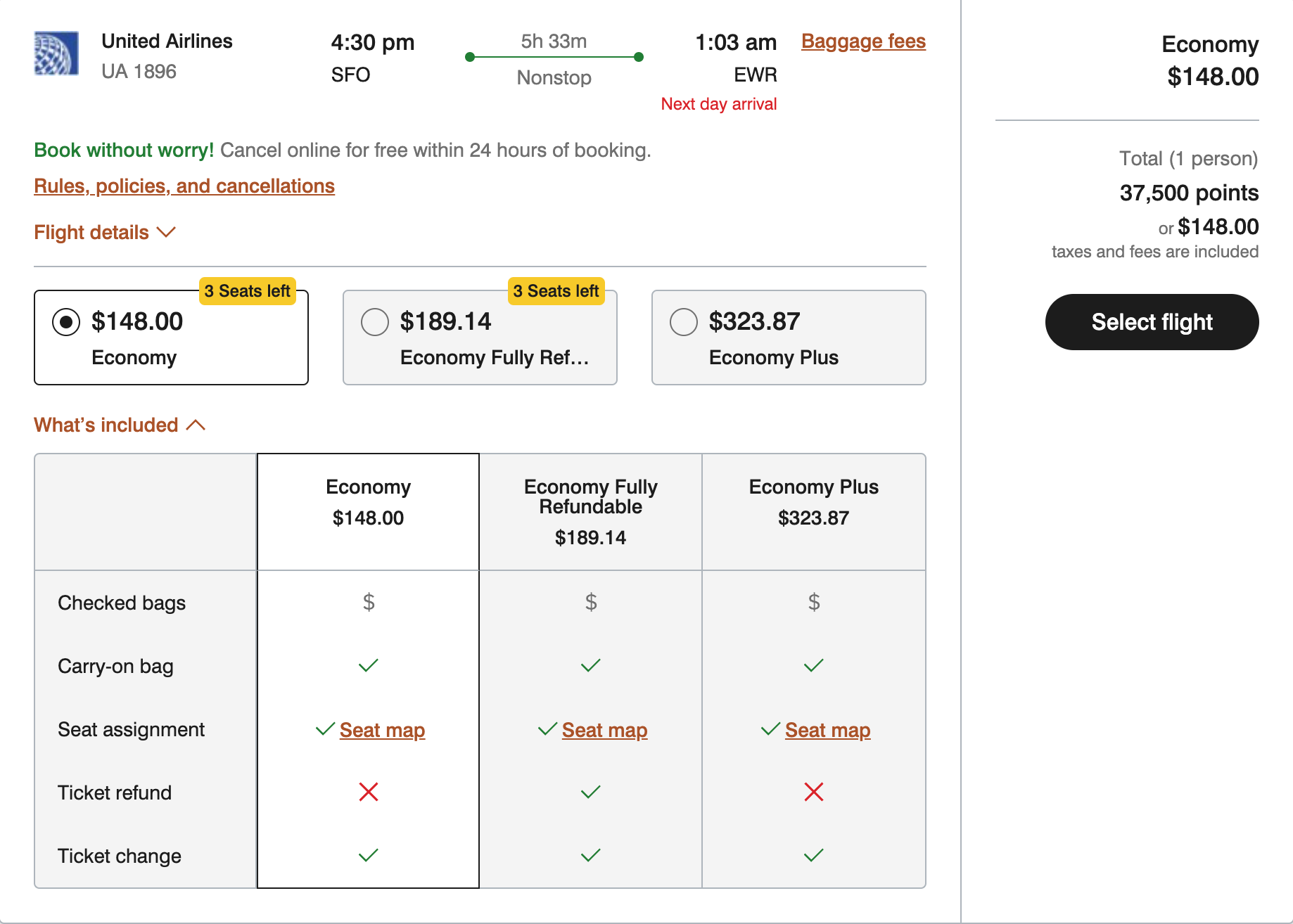 Booking a United flight from SFO to EWR on Marriott points