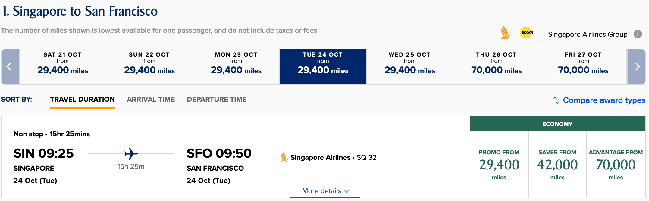 SIN to SFO economy