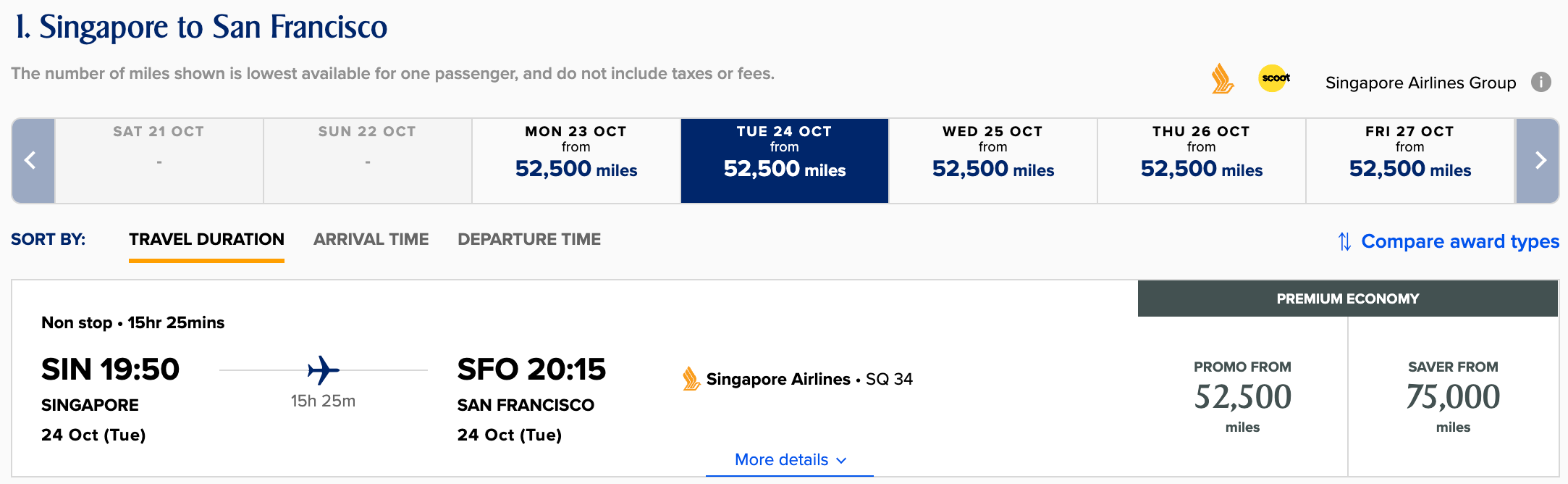 SIN to SFO premium economy