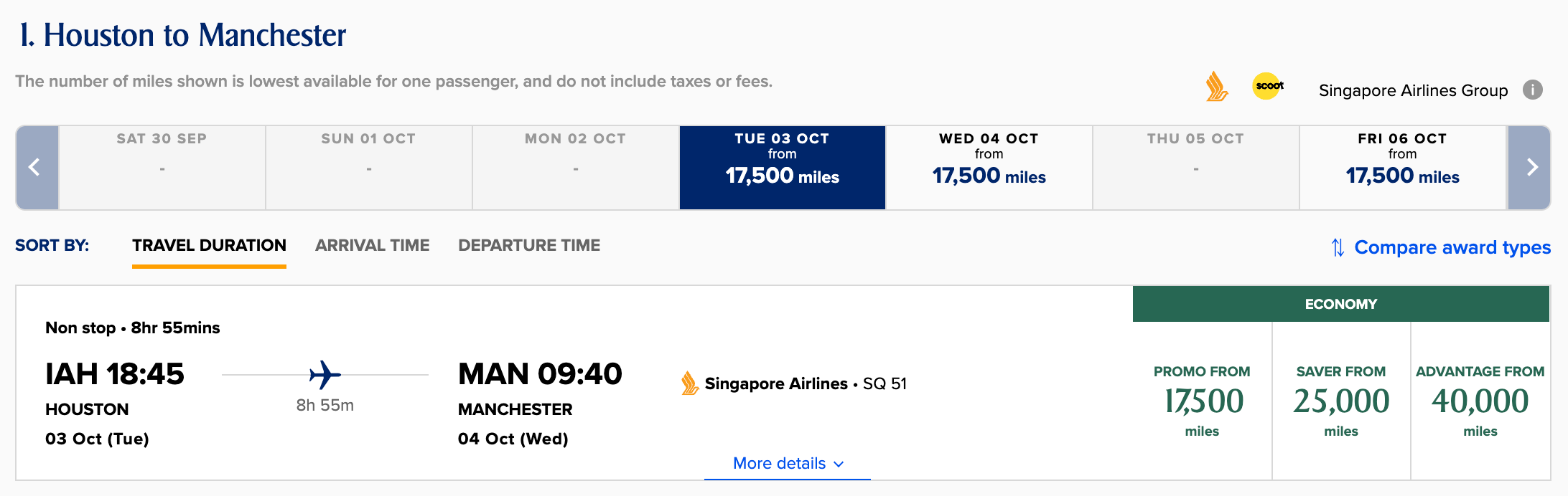 A promo award flight from Houston to Manchester on Singapore Airlines