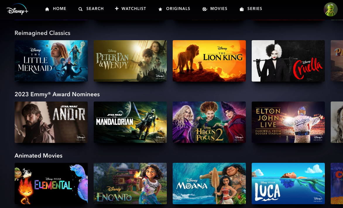 Screenshot of the Disney+ homepage