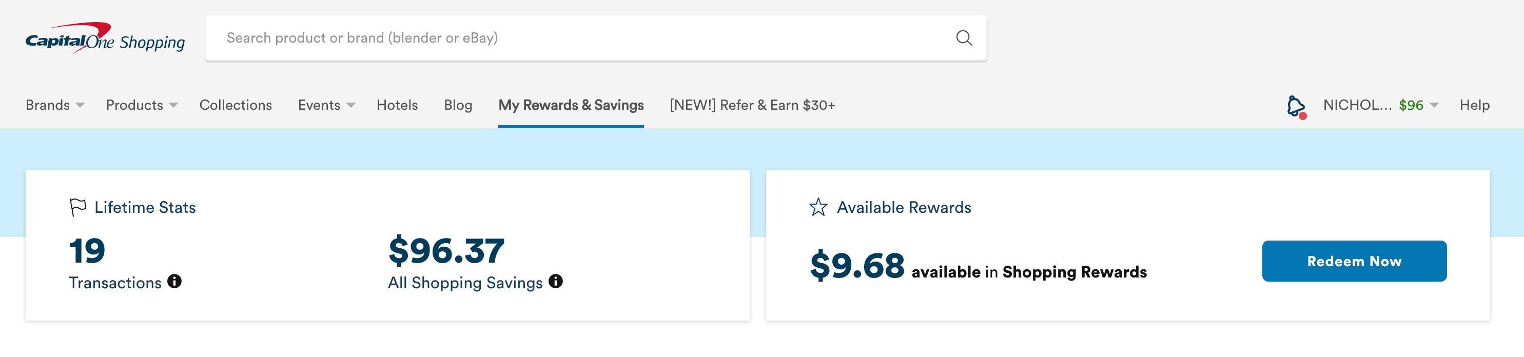 Account details on Capital One Shopping