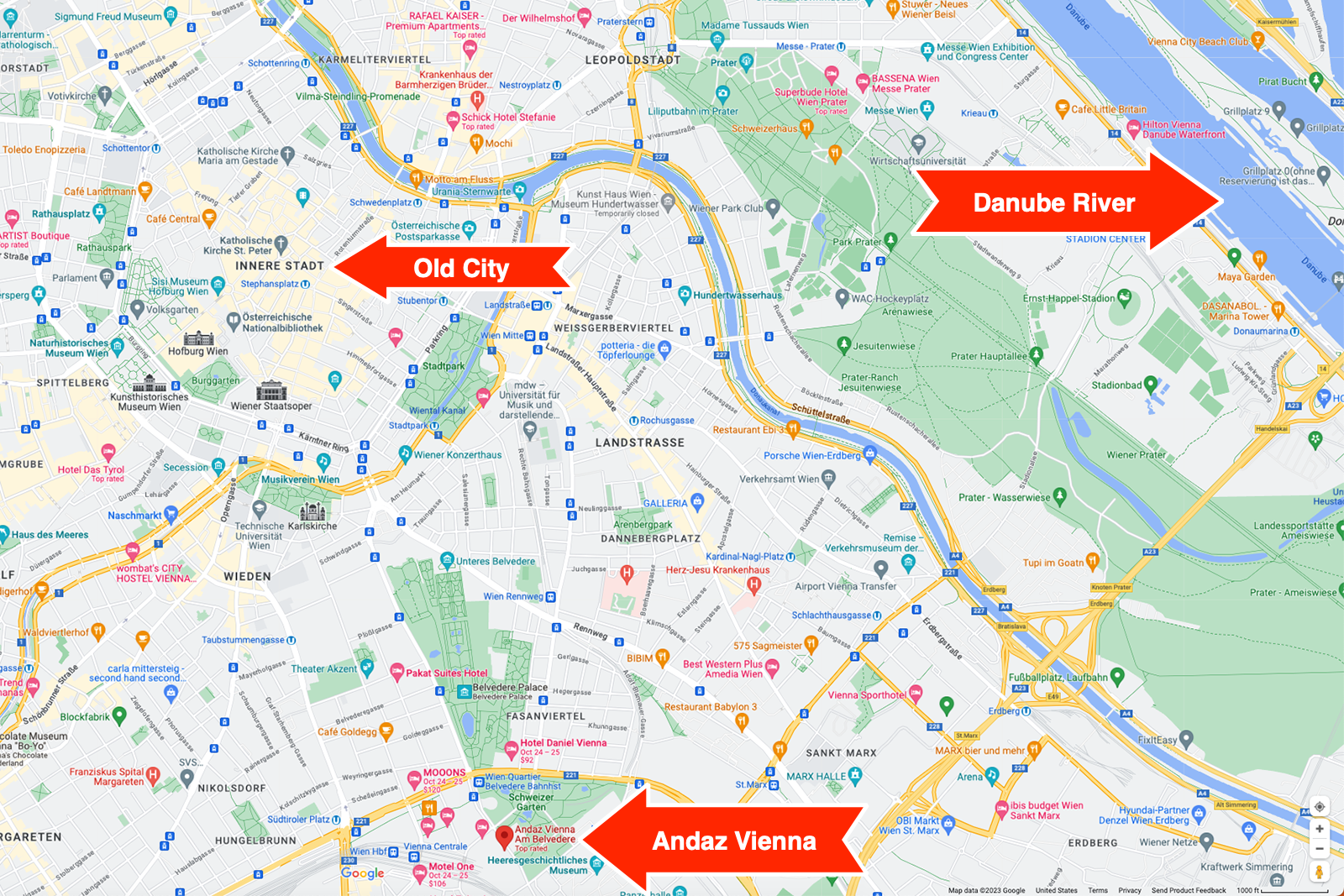 Map of Vienna showing the Andaz Vienna, Old City and the Danube River