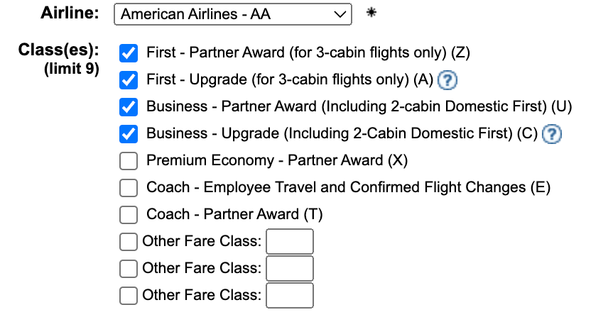 AA fare classes on ExpertFlyer