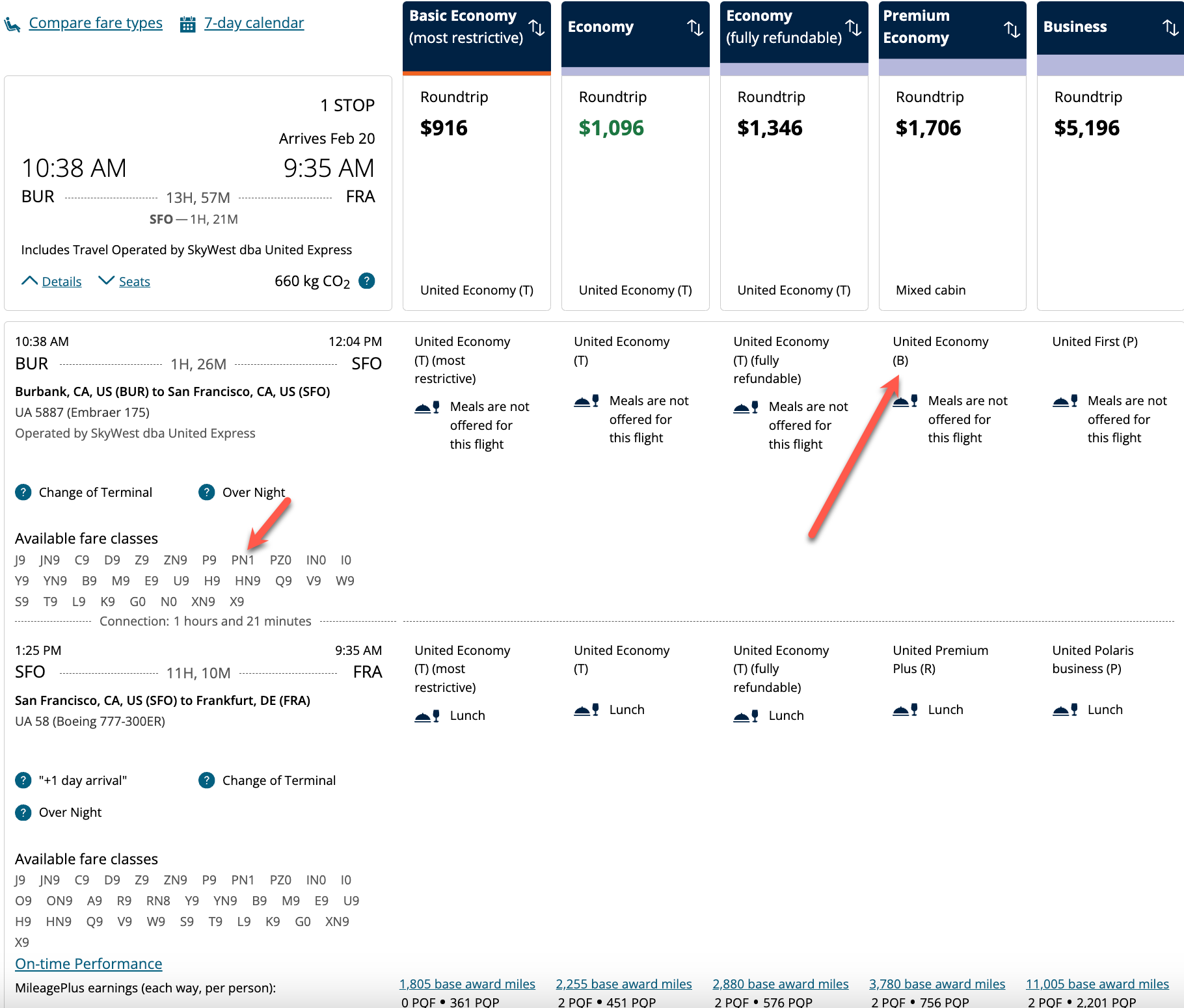 Fare classes from BUR to SFO to FRA