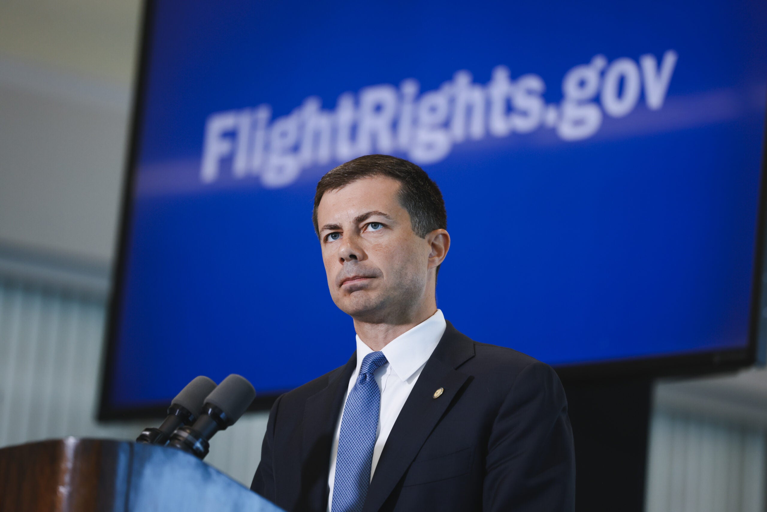 Pete Buttigieg, US transportation secretary, during a news conference ahead of the Labor Day holiday weekend at O'Hare International Airport in Chicago, Illinois, US, on Friday, Sept. 1, 2023. According to AAA booking data, flights, hotels, rental cars, and cruises shows that Labor Day weekend travel is up 4 percent domestically and up 44% internationally. Photographer: Taylor Glascock/Bloomberg via Getty Images