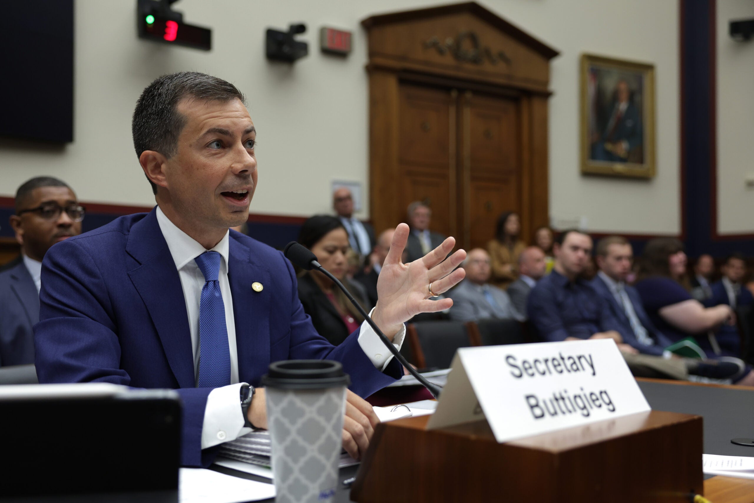  U.S. Secretary of Transportation Pete Buttigieg testifies during a hearing before the House Transportation and Infrastructure Committee at Rayburn House Office Building on Capitol Hill on September 20, 2023 in Washington, DC. The committee held a hearing on "Oversight of the Department of Transportation's Policies and Programs.