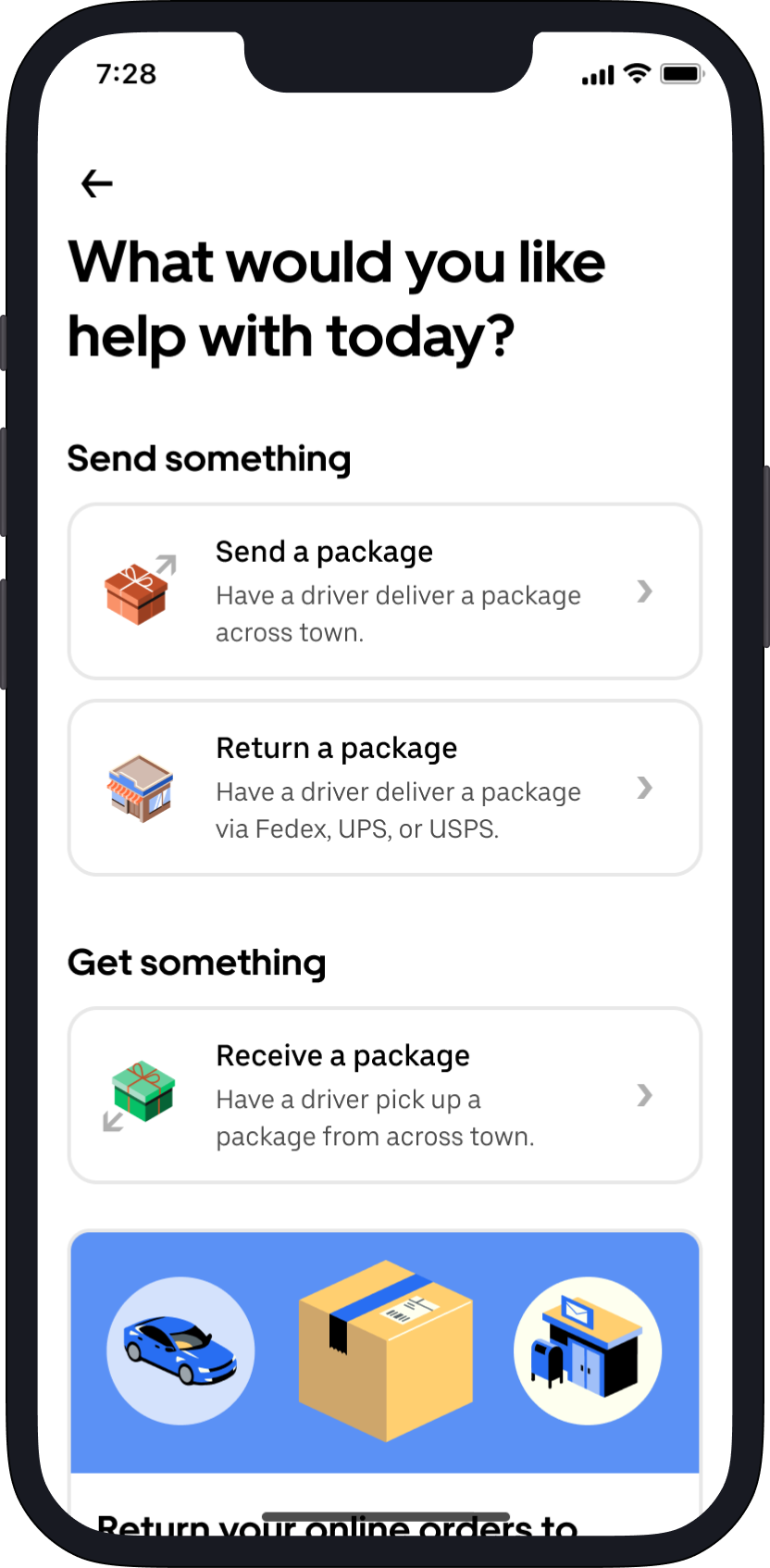 return a package feature on screen