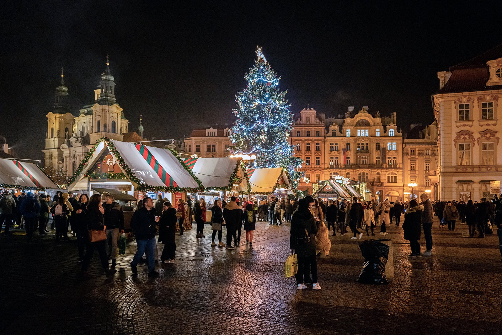 Christmas market at night in Prague