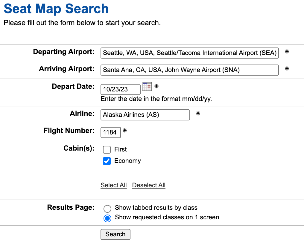 SEA to SNA Alaska seat map search