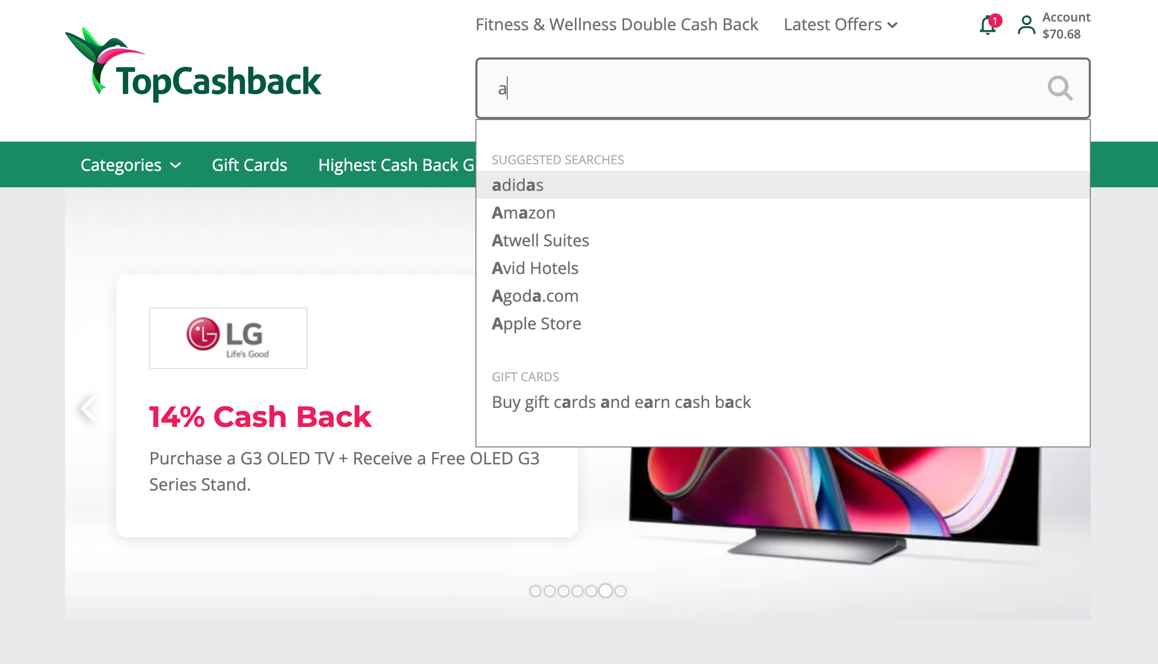 Searching for a merchant at the homepage of Topcashback