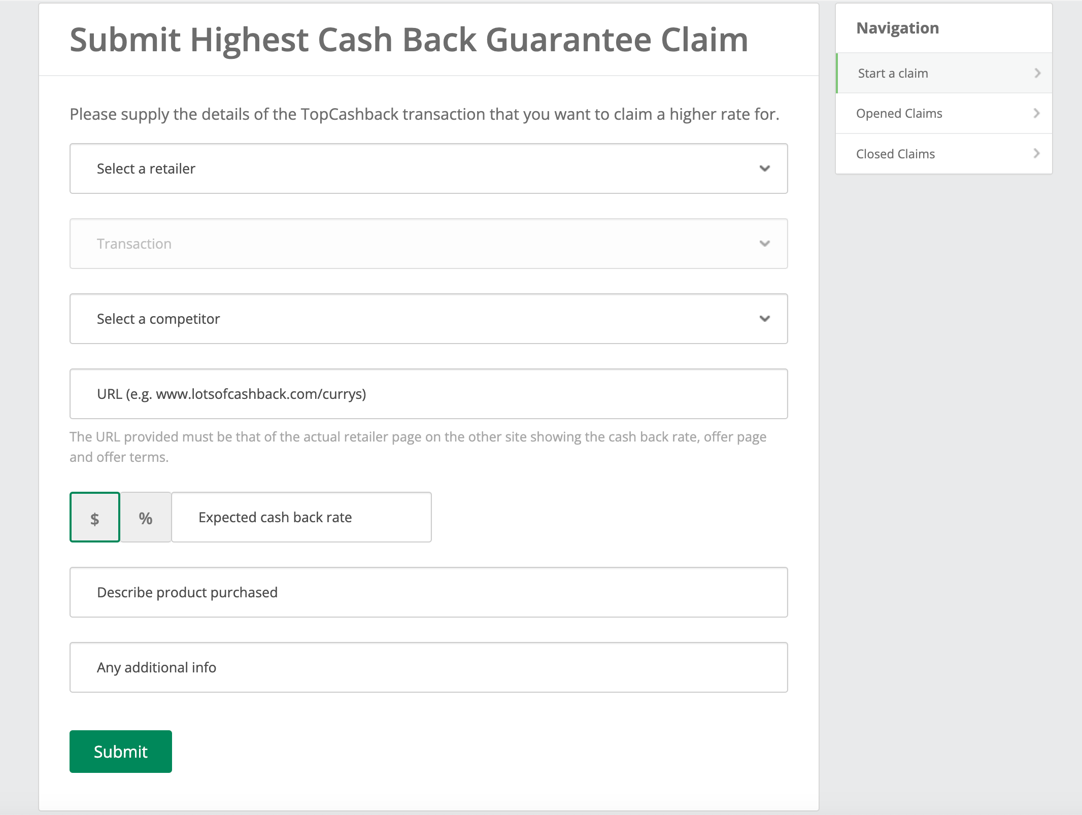 The submission page for Topcashback's highest cash-back guarantee