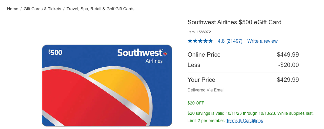 Southwest Airlines - $500 E-Gift Card