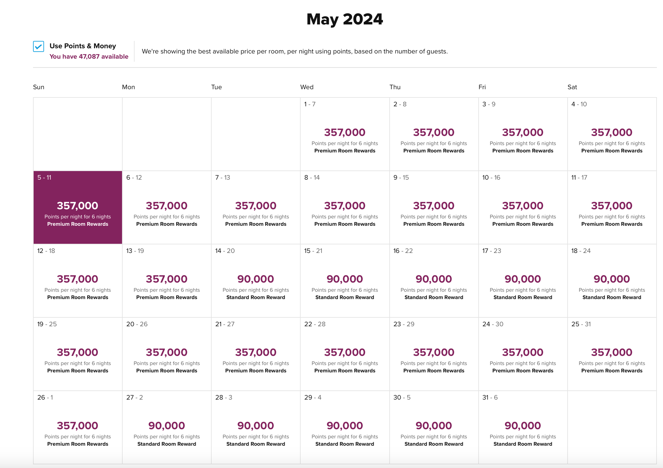 hilton price calendar