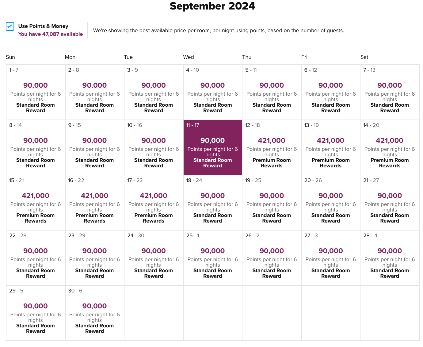 hilton price calendar