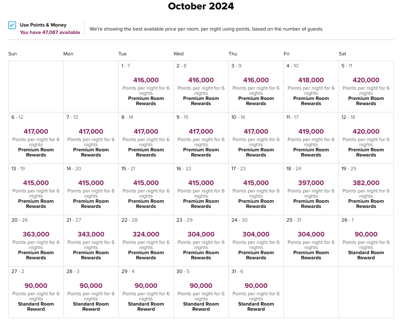 hilton price calendar