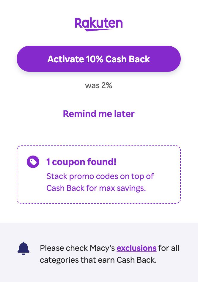 A screen shot of the notification to earn cash back at Macy's using the Rakuten browser extension