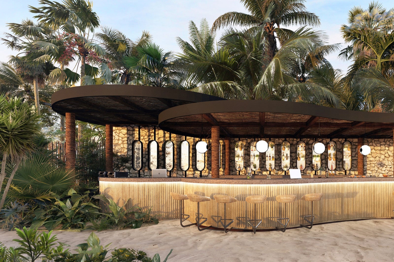 small bar on the beach surrounded by palm trees
